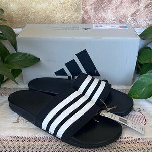 NEW Adidas Unisex Adelette Comfort Black/White Stripe Slide Sandals Size M12/W13